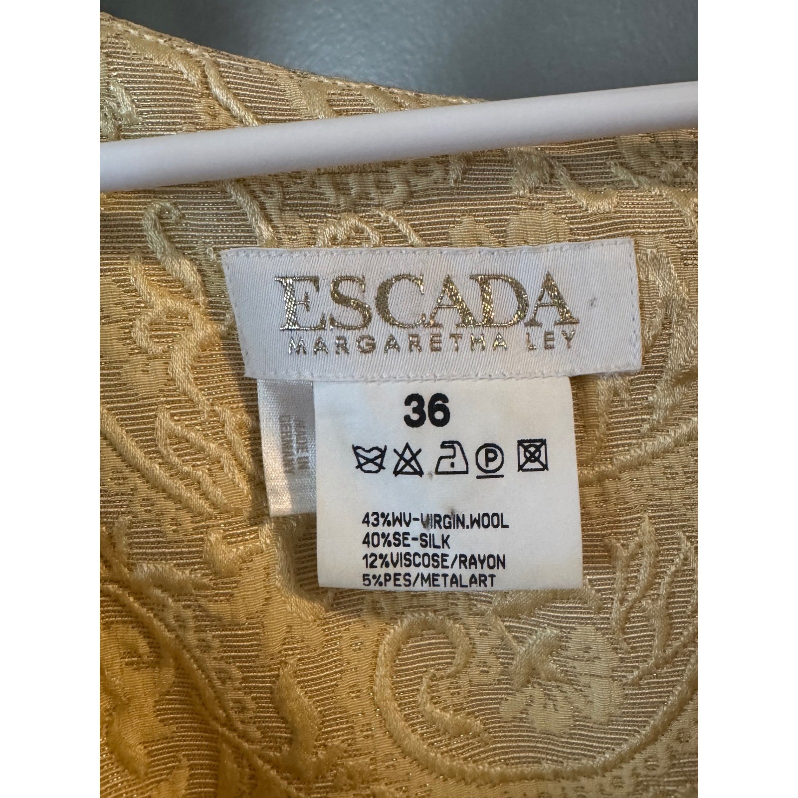 Escada Margaretha Ley Gold Silk Wool Jacquard Sheath Dress Vintage Size 36 6
