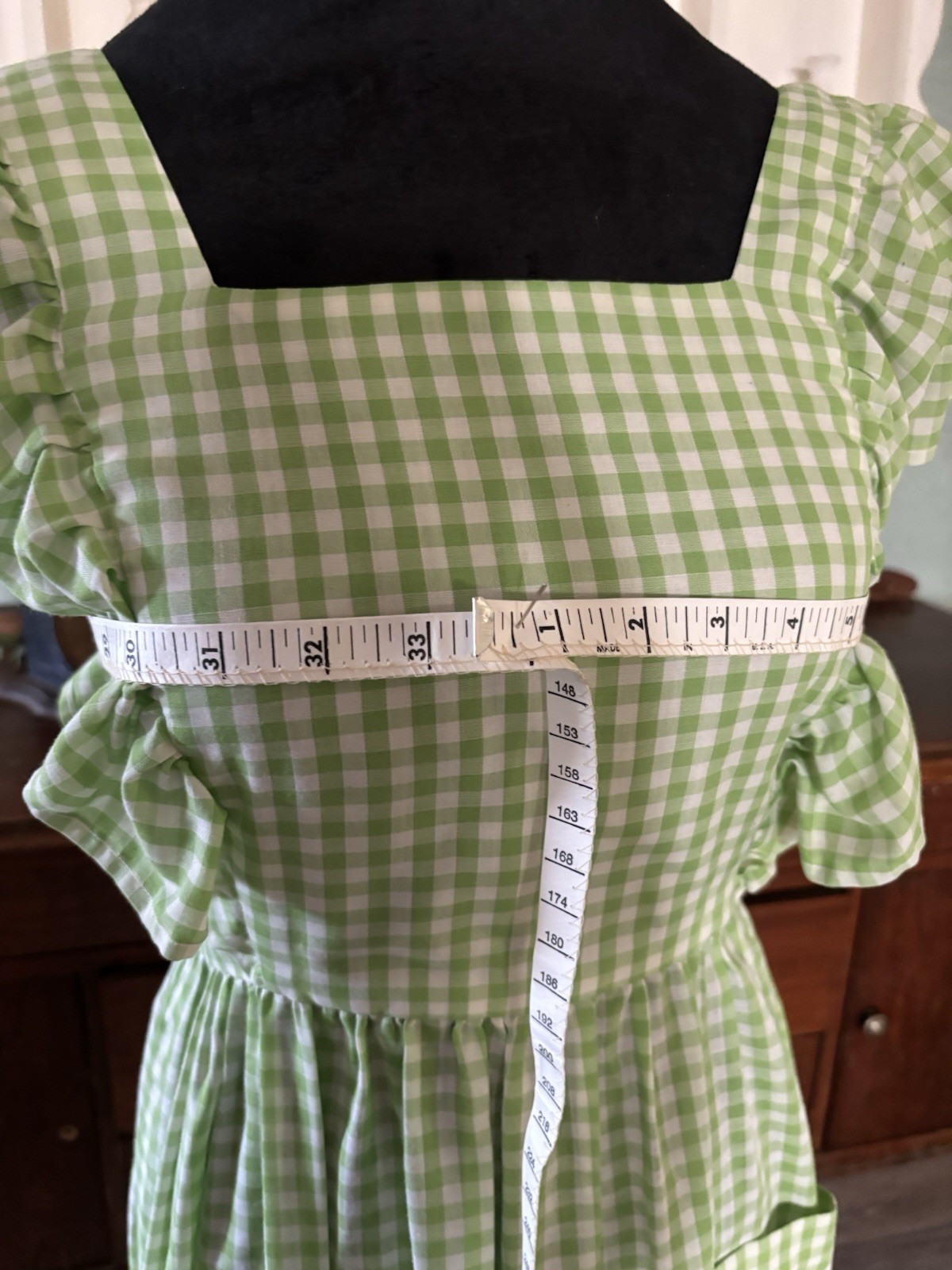 Vintage Cottagecore Light Green Gingham Prairie Dress Ruffle Sleeve Maxi