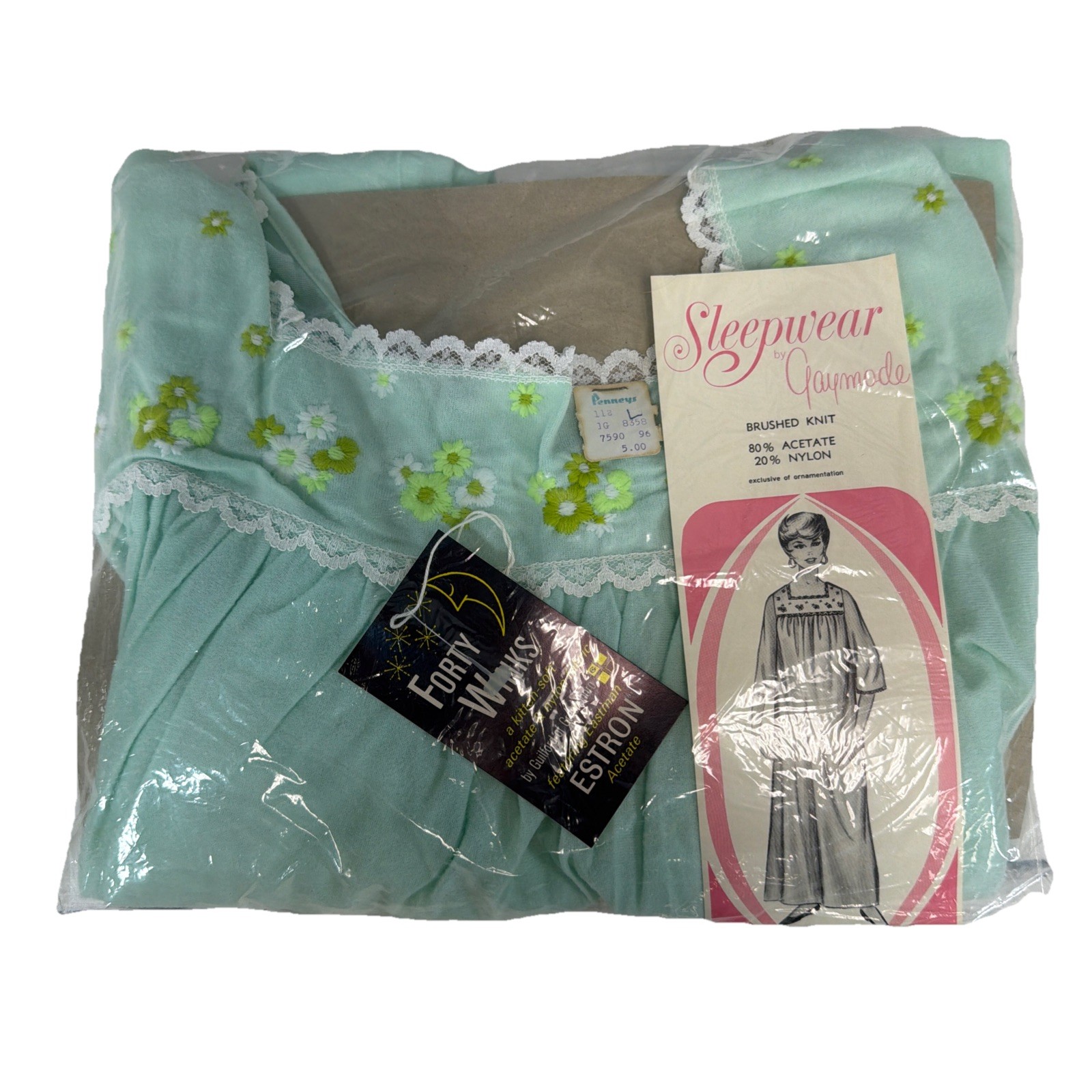 Vtg Pennys Gaymode Pale Green Floral Embroidered Nightgown Sleepwear NOS 70’s?