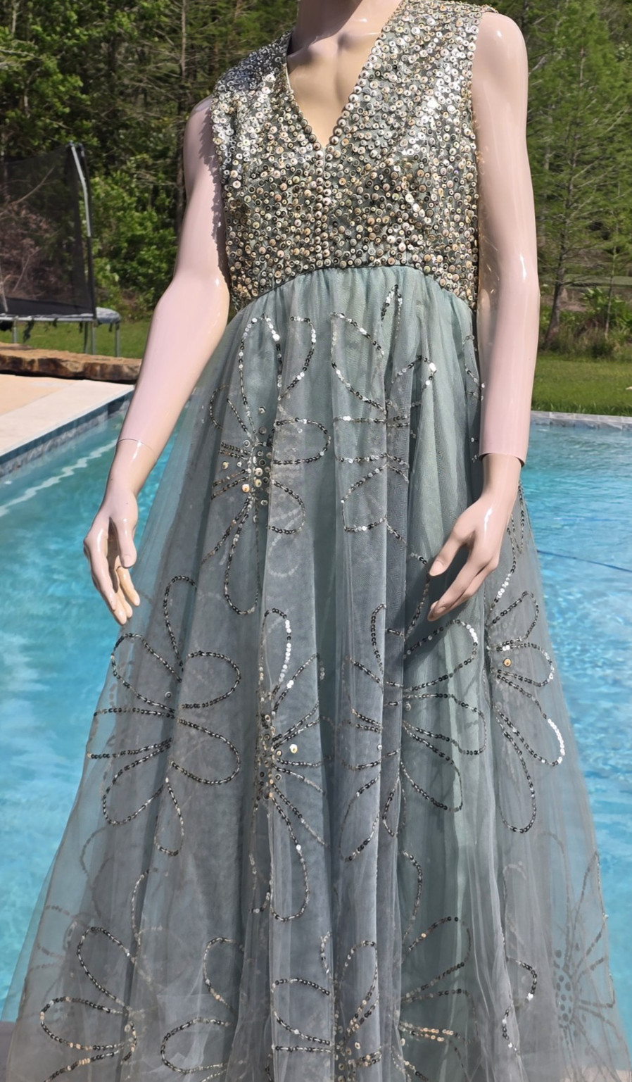 Victoria Royal Ltd. Vintage 60s Beaded Ice Blue Silk Formal Prom Dress size 18