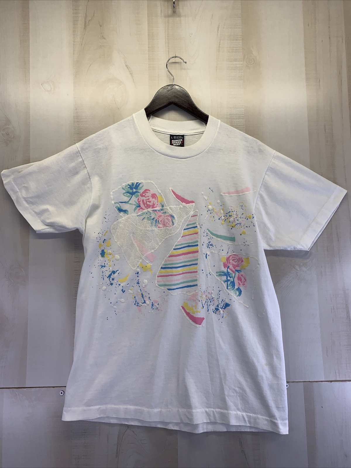 Screen Stars Best Womens Floral Summer Print Graphic T Shirt Single Stitch USA L