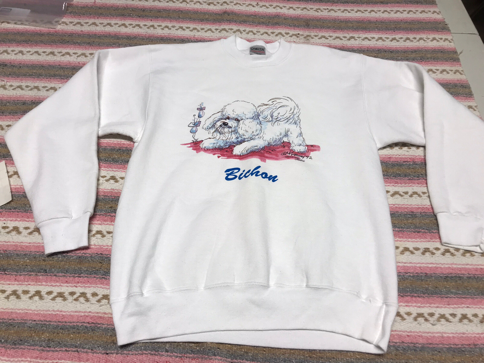 bichon rosalinde mclartney bichon sweater 90s vtg Usa Made Sz L Oneita Tag v2597