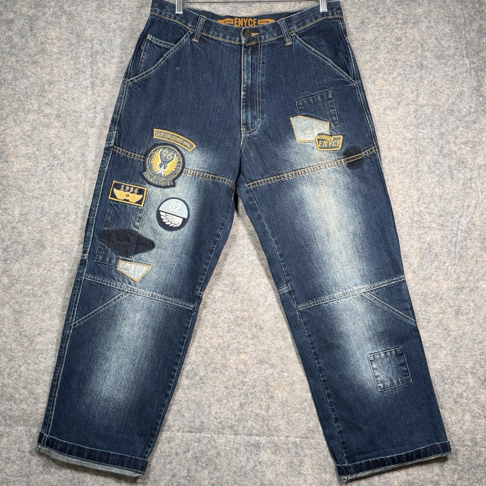 Vintage Y2K Mens Enyce Jeans Size 34×30 Patches Baggy Dark Blue Acid Wash