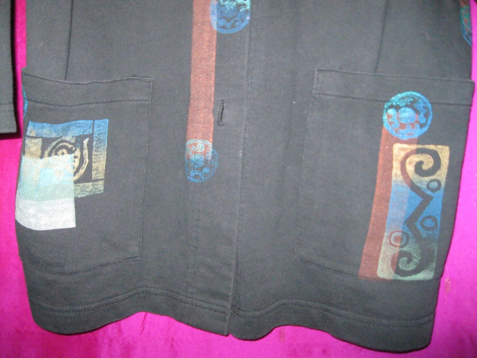 VINTAGE, BLACK COTTON JACKET, HAND PAINTED, SZ M/L, W/ FRONT POCKETS, ARTISAN