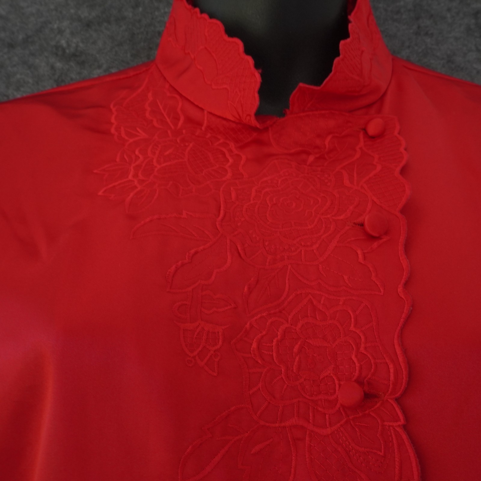 Vintage TJW Mervyns Satin Blouse 16 Red Mandarin Collar Lace Embroidered 80s Top