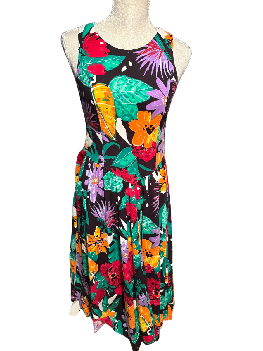 Vintage 90s Floral Midi Cotton Dress SMW Style My Way Sz 7 Smocked Back USA Made