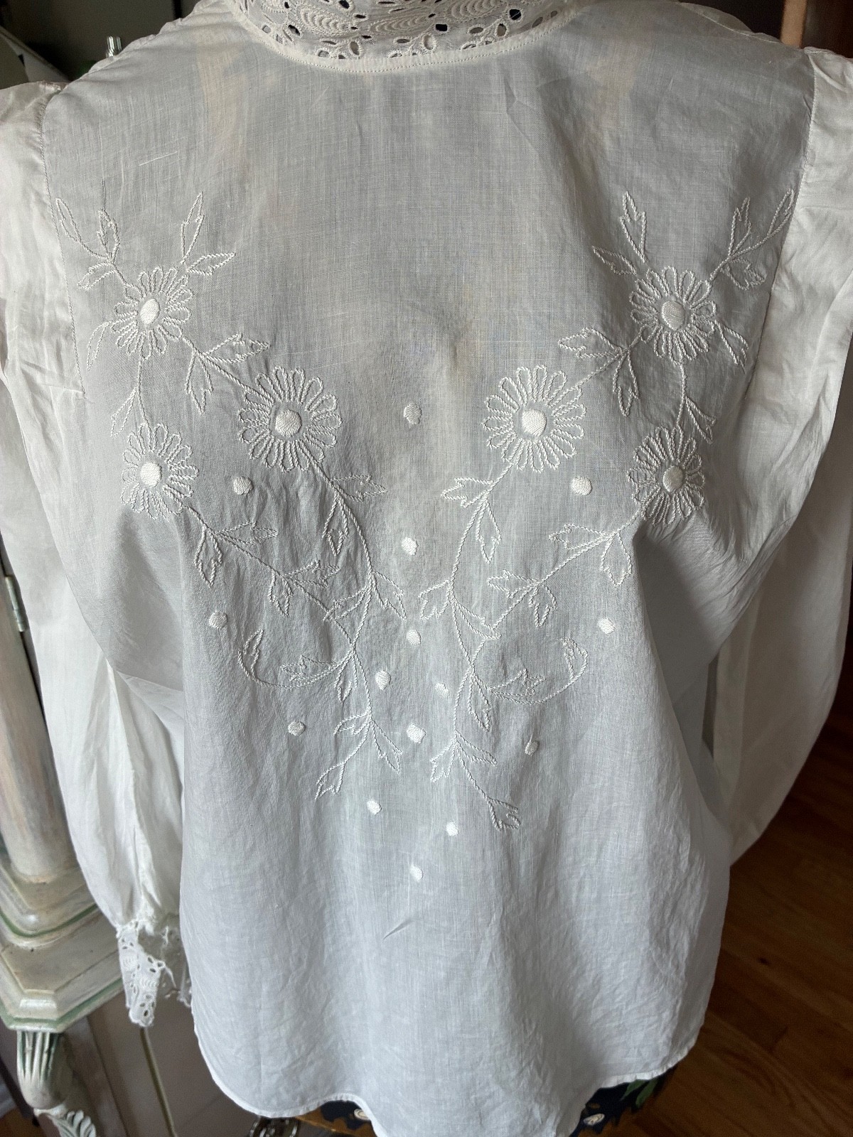 Antique Edwardian White Cotton Waist Blouse Embroidery Eyelet High Neck