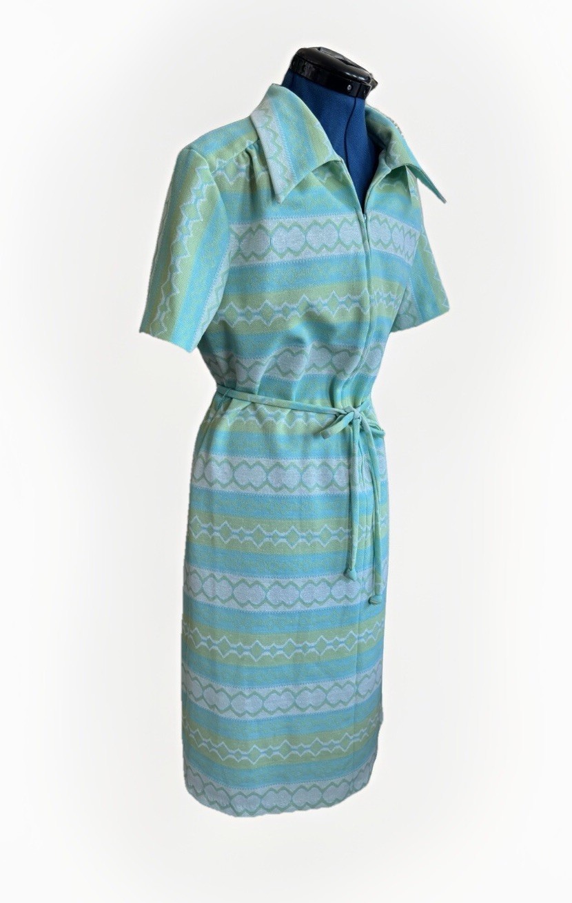 Vintage 70s Mod Shirt Dress Blue Green Stripe Belt Zip Knit Retro Diner Granny