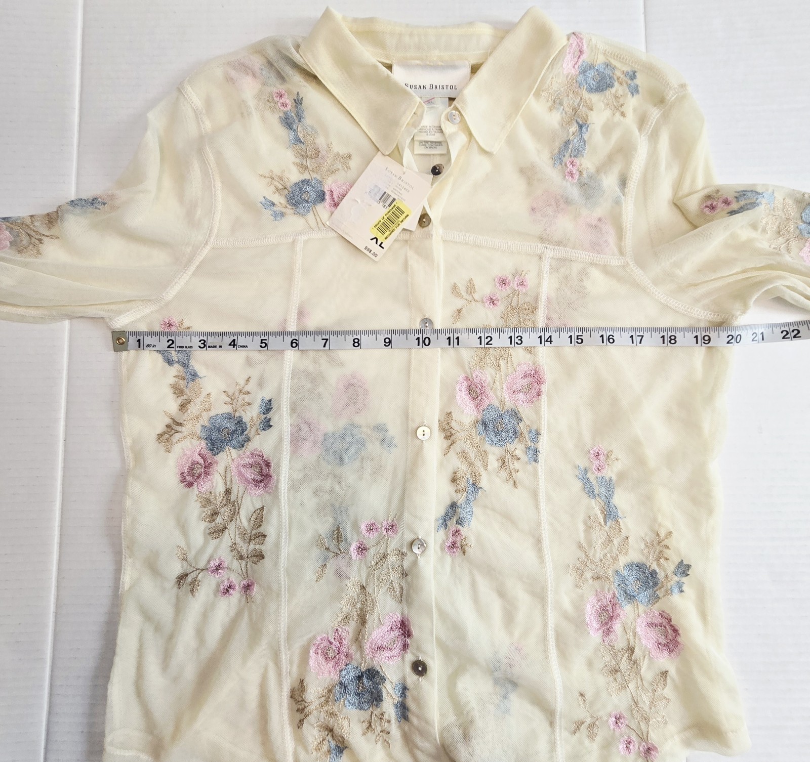NWT Vintage Susan Bristol Natural Mesh Blouse Emroidered Floral Size XL NICE
