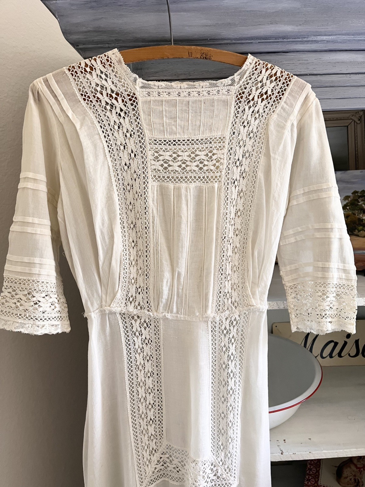 Antique Edwardian White Cotton Lawn Dress Tea Gown Wedding Dress Good Cond Small