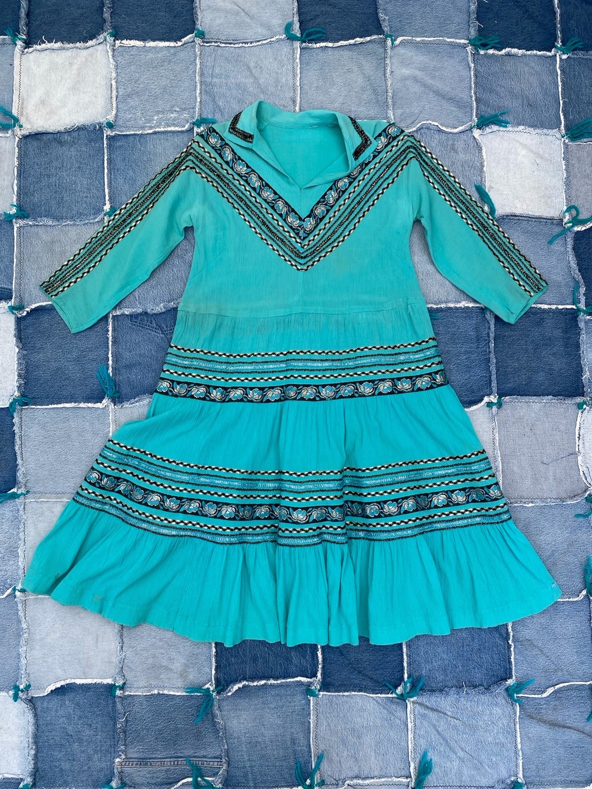 Vintage 1950s Western Patio Fiesta Dress Ric Rac Crinkle Cotton Ranchwear 34/36W