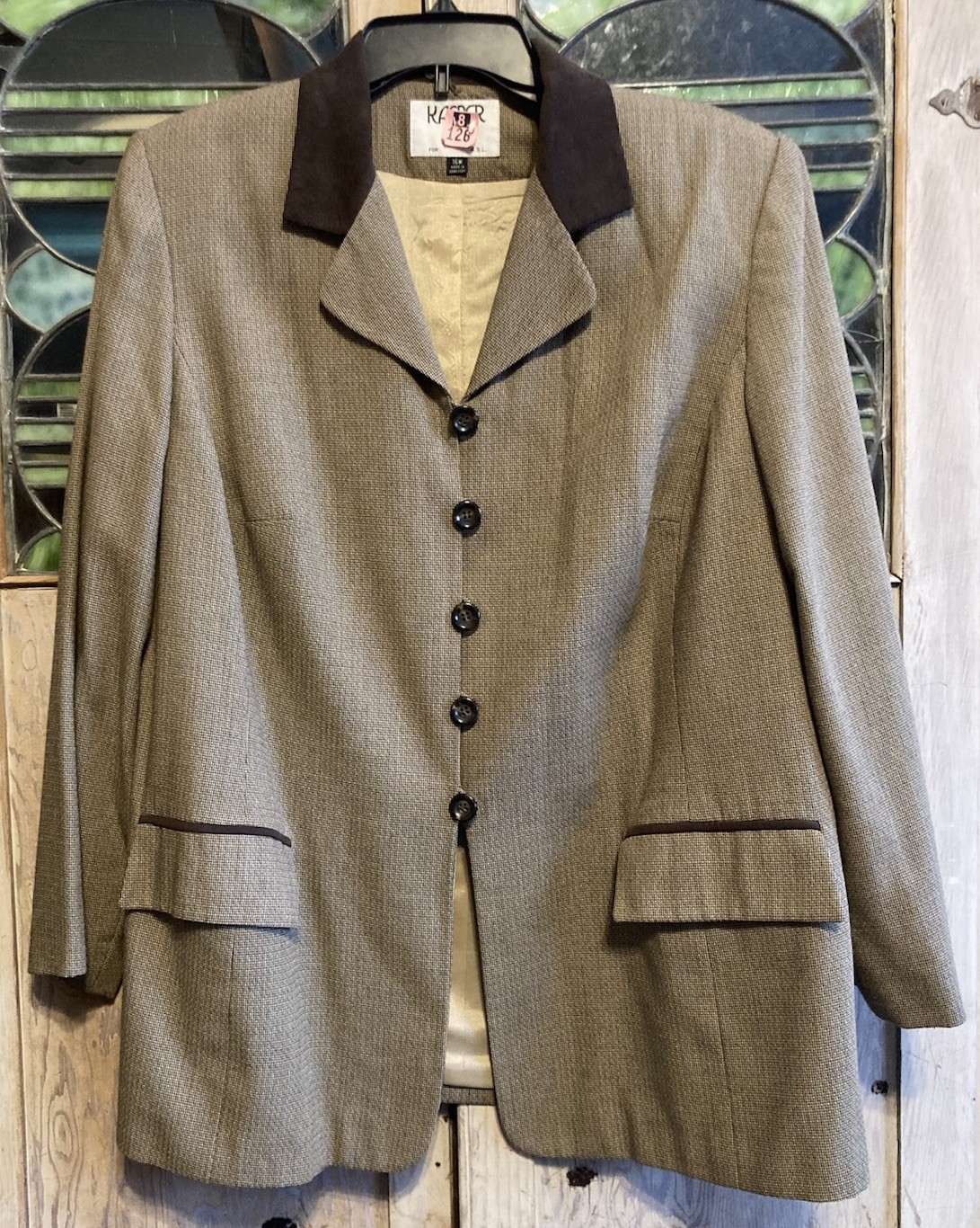 Vtg KASPER II Suit Jacket Blazer 16W Brown Rayon Faux Suede Trim Equestrian EUC