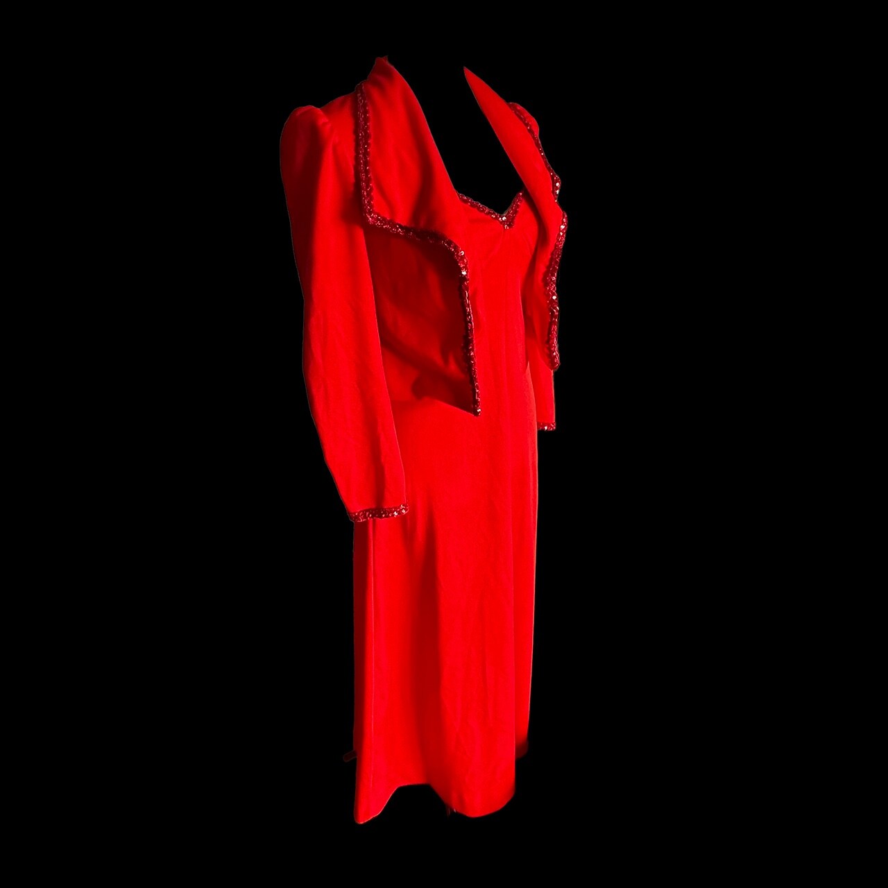 Vintage 1970s Red Max Sequini Evening Dress & Bolero Jacket Empire Waist Small