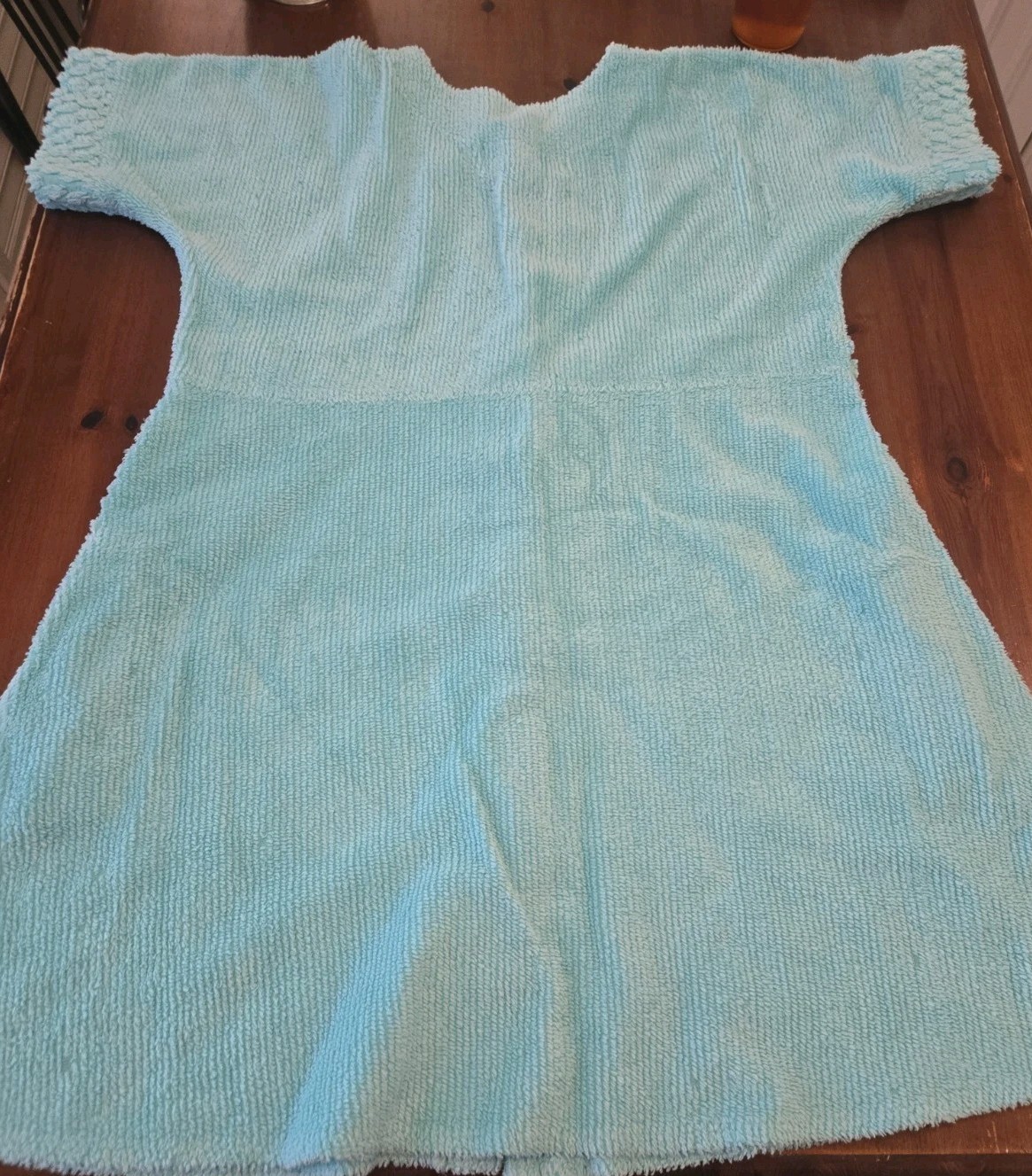VTG Stan Herman Turquoise Chenille Short Robe House Dress Sz L Button Front S/S