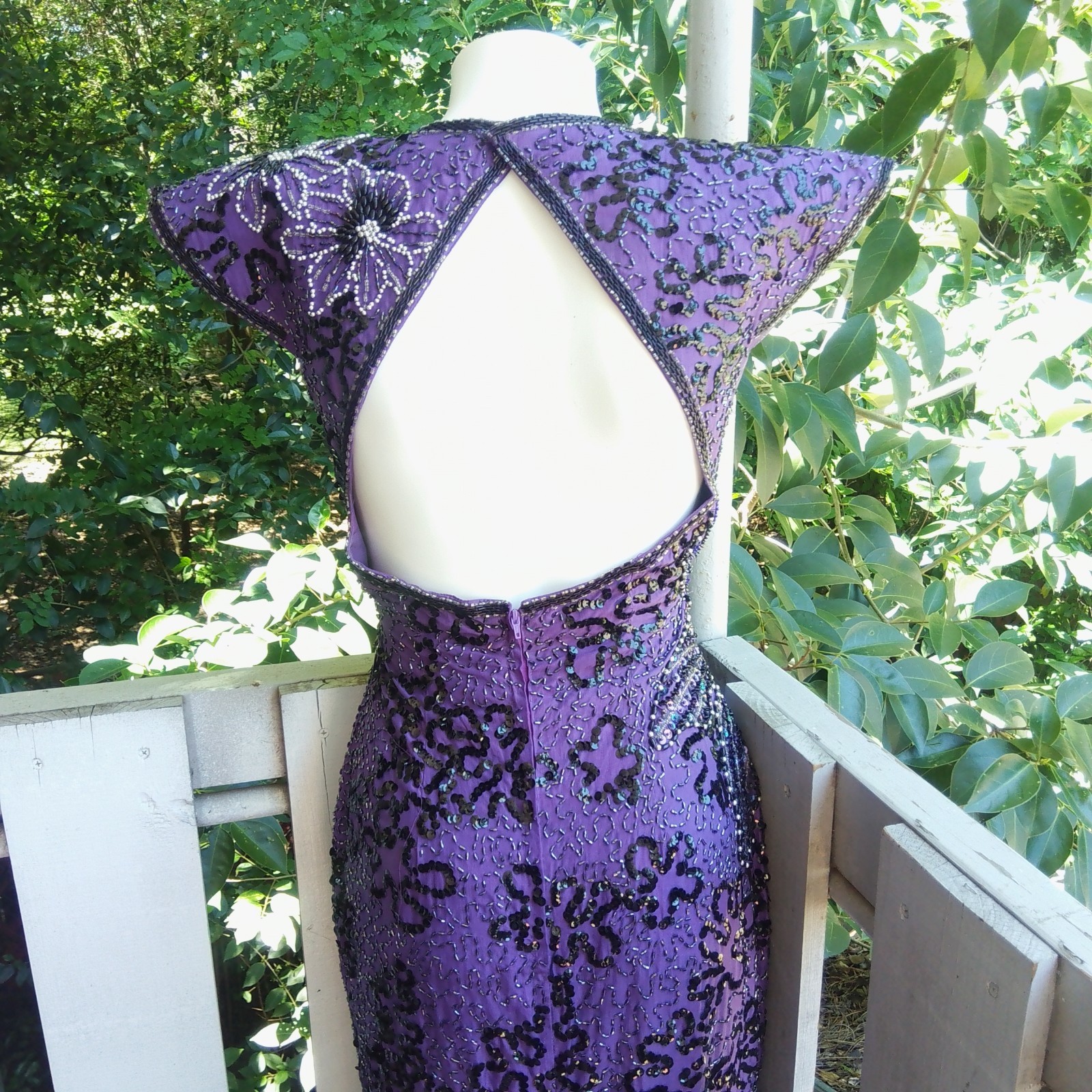 Vintage 80s Sequin Beaded Silk Purple Evening Dress Gown