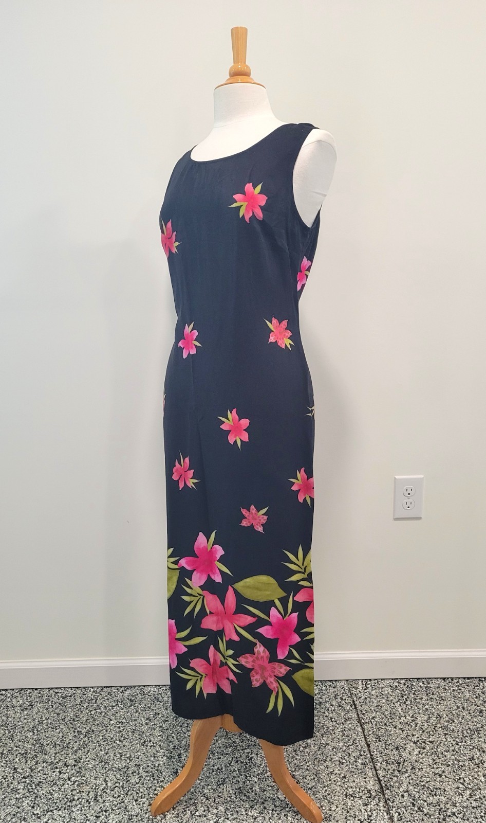 Vintage Maxi Column Dress Black Multicolor Floral Summer Early 1970s L