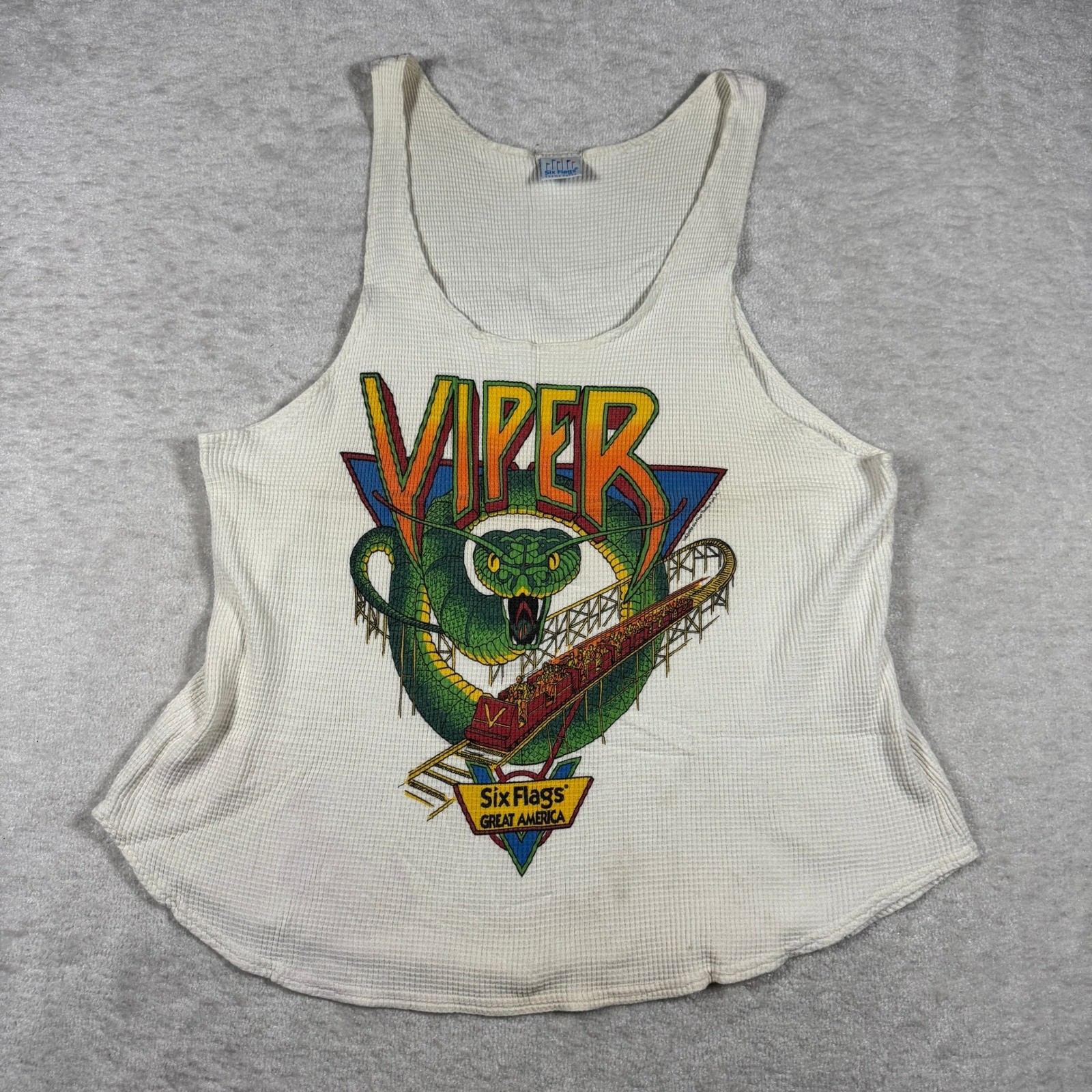 Vintage Six Flags Great America Viper Roller Coaster Waffle Knit Tank Top White