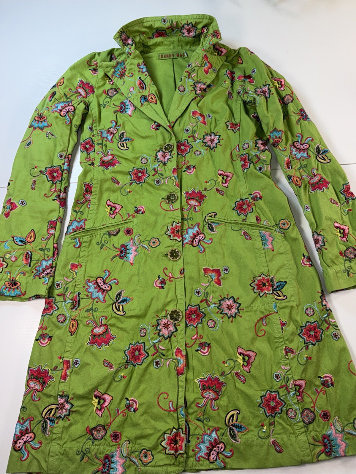 Vintage Johnny Was Lime Green Floral Embroidered Duster Coat Jacket Size S