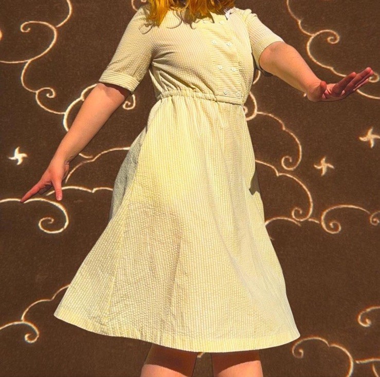 VTG Twee Retro Prairie Cottage Fairy Boho Collared Dress Yellow Bloomcore Indie