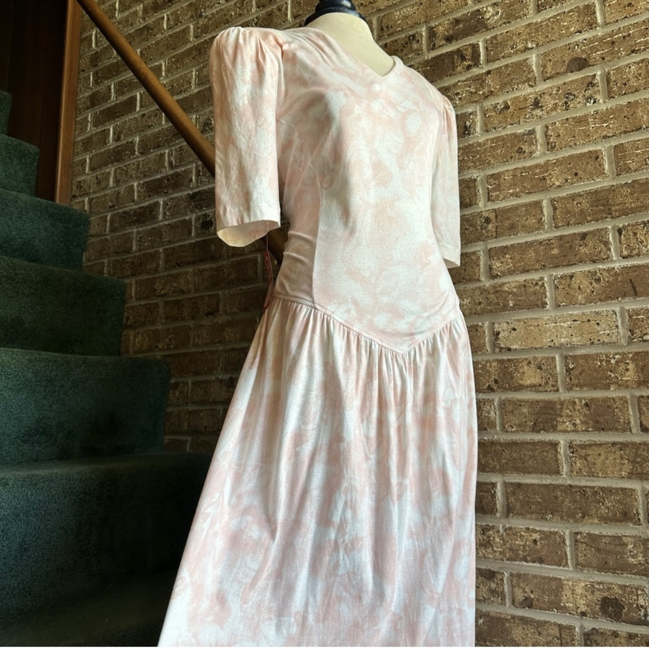VTG 80s Retro Marble Pink Tiedye Basque Waist Dress