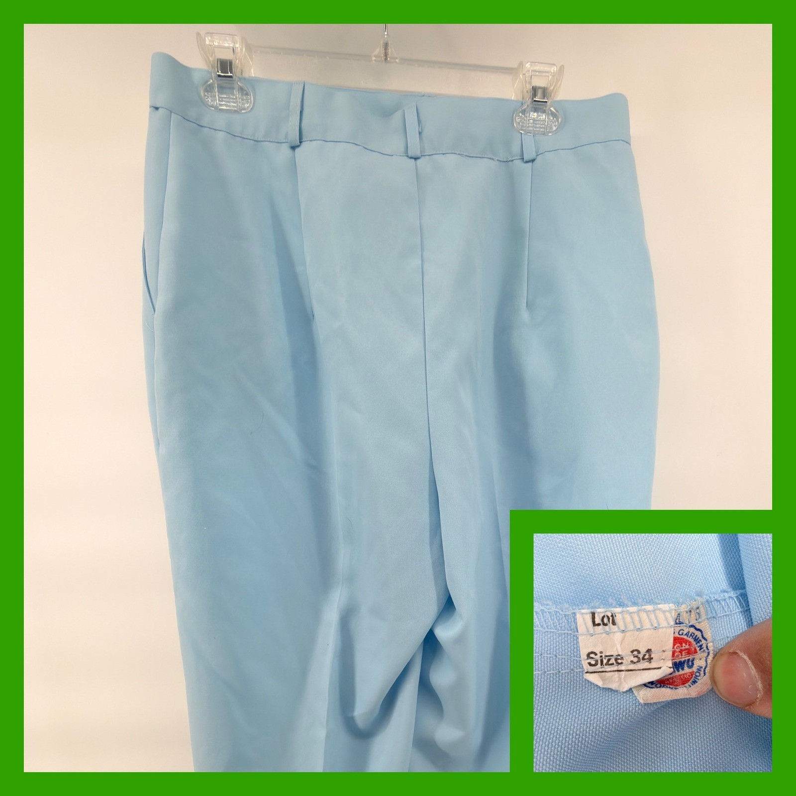 Vtg 70s 80s High Waisted Pleated Trousers Baby Blue Pants ILGWU Made in USA 34