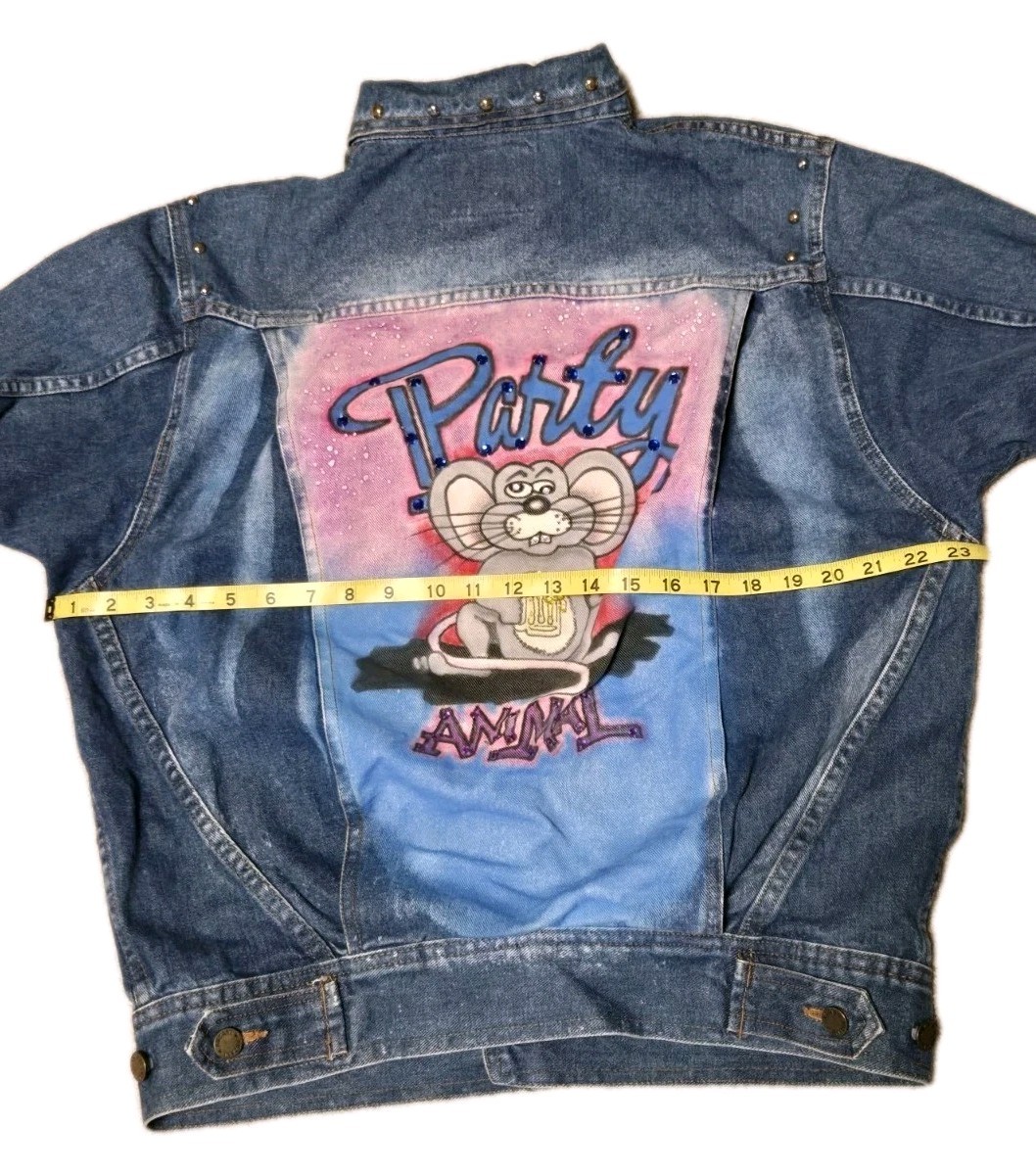Vtg Denim Trucker Jacket Hand Painted PARTY ANIMAL Rat Studded ANZANI Sz S RARE!
