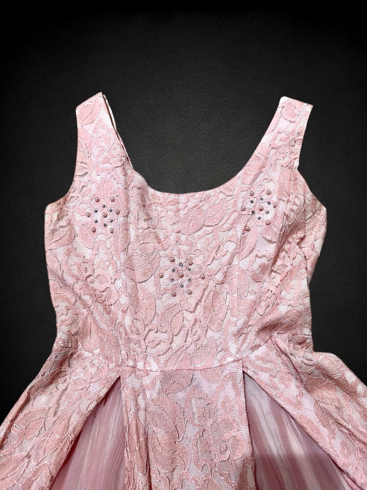 Vintage 1950s Pink Lace Cocktail Dress Pearl Rhinestone Tulle Full Skirt Party X