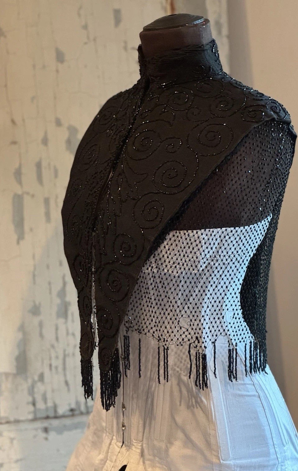 Black Beaded Victorian Capelet 21” Authentic Antique 1800s Great Display Gothic