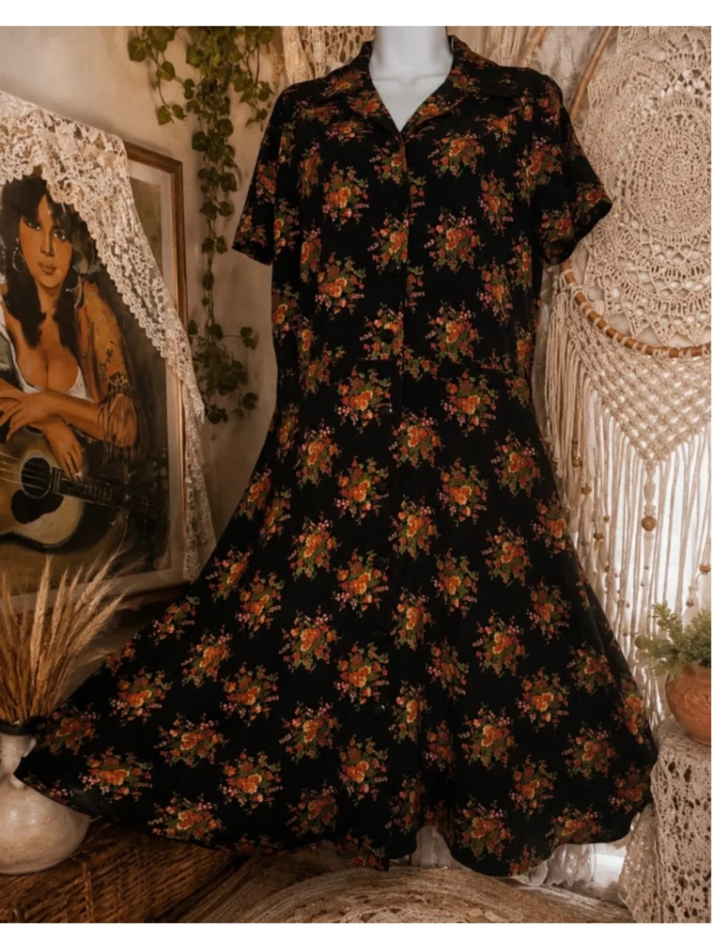 Vintage 90s Handmade Floral Button Front Midi Dress Cottagecore Boho Prairie S