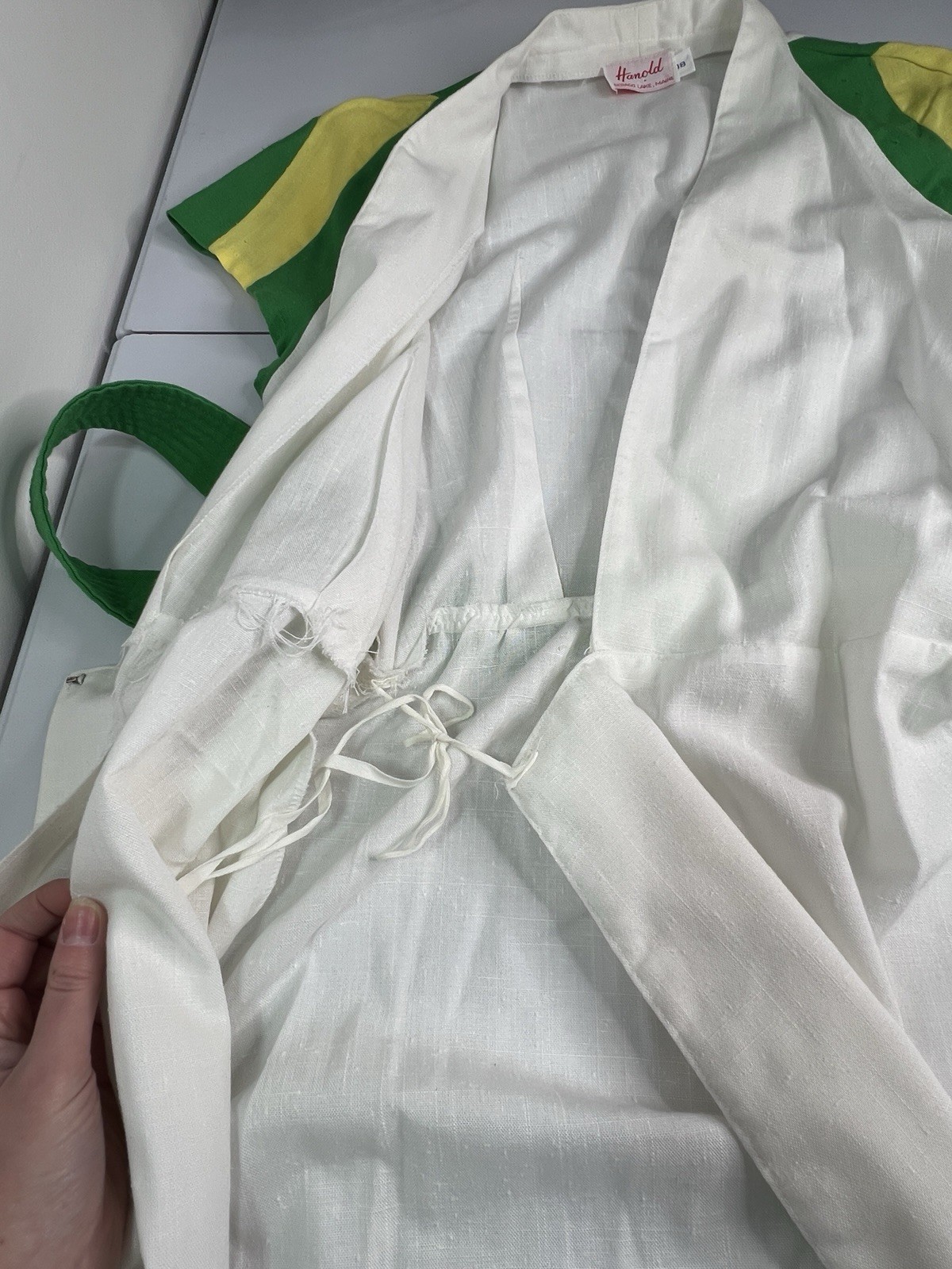 Vintage 60’s White Wrap Dress Green Yellow Striped Sleeves Belted Tag Sz 18