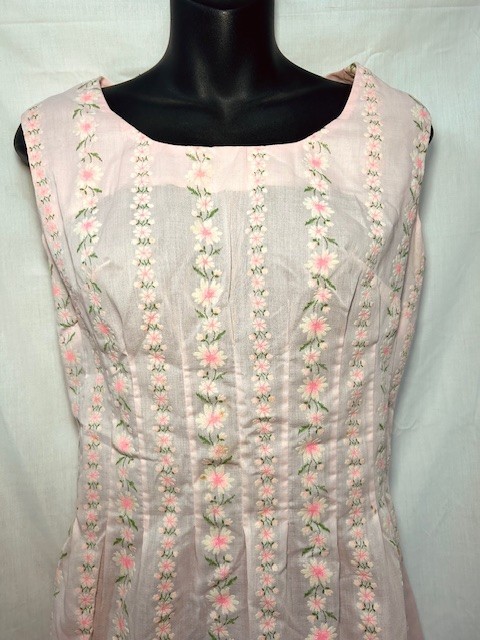 Vintage Handmade Pink Felted Mini Dress Sheer Summer Floral Green White Flocked