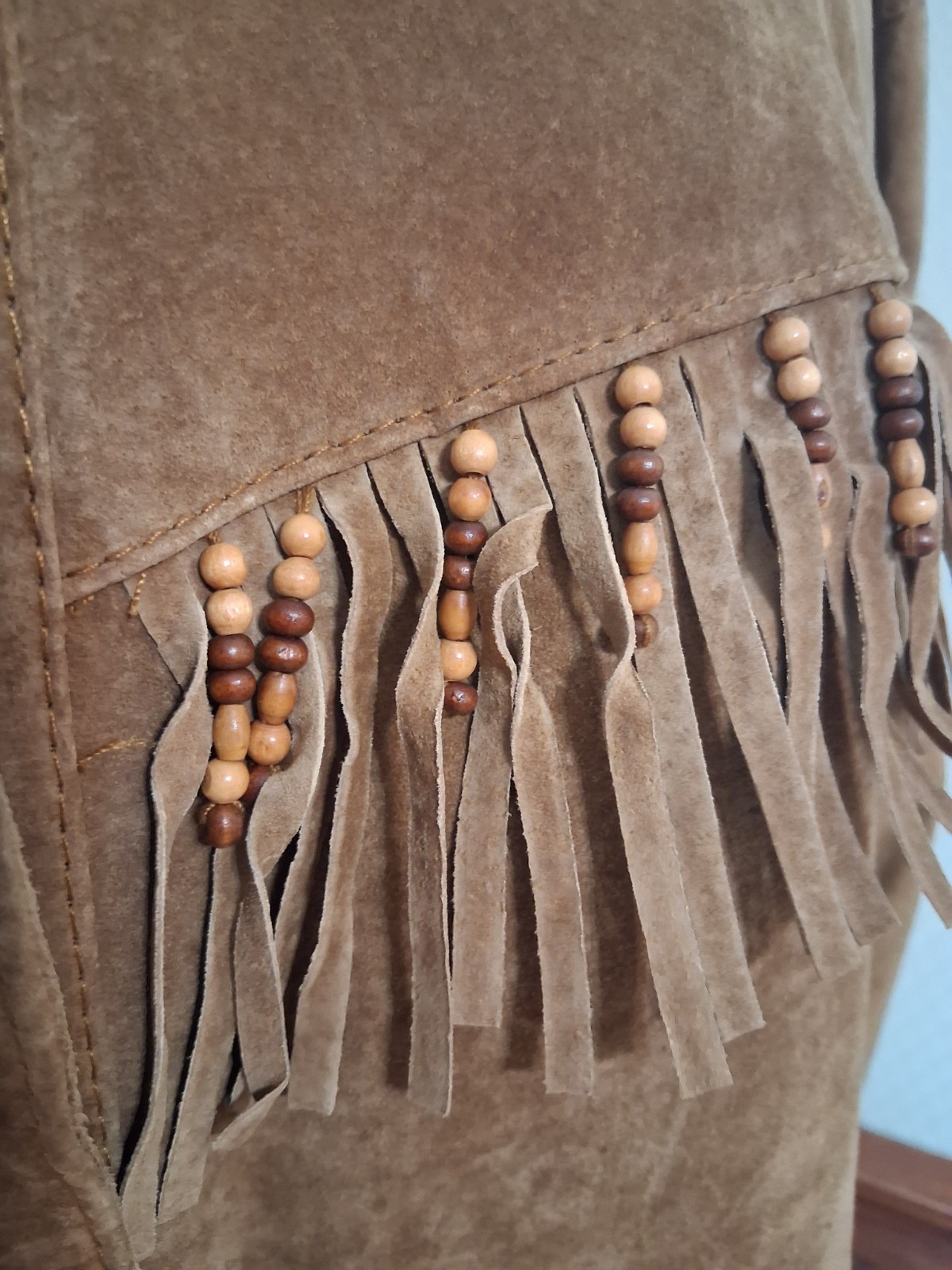 Vintage 1990s Comint Brown Suede Fringed Beaded Hippie Western Grunge Coat