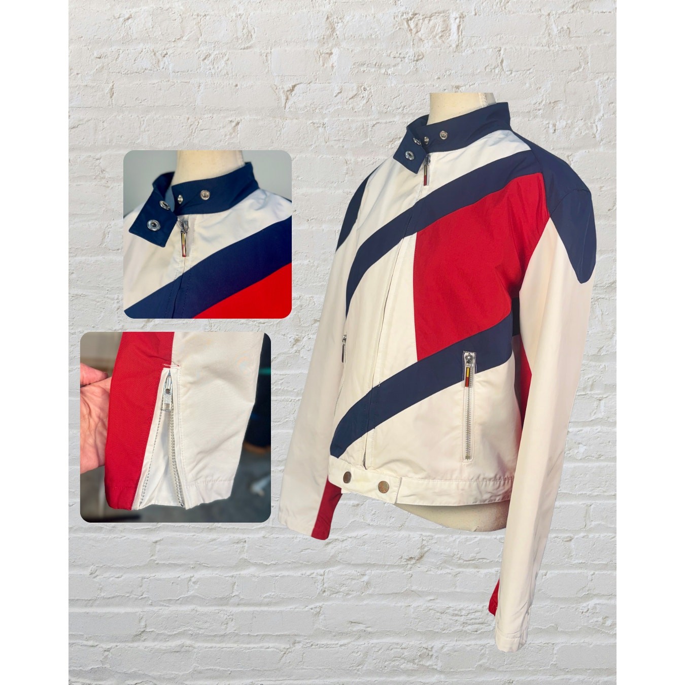 Vintage 2002 Tommy Jeans Red White Blue Full Zip Snap Strap Moto Biker Jacket L