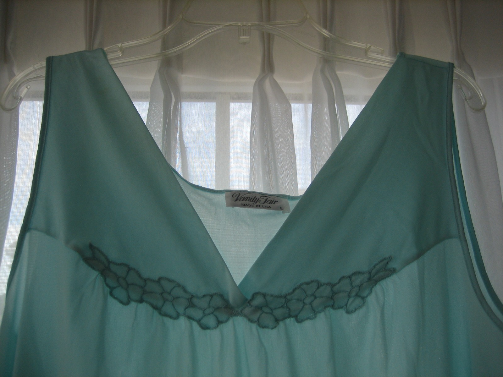 Vtg Vanity Fair Aqua Nylon Nightgown Slip Dress Sleeveless Size L Made in USA