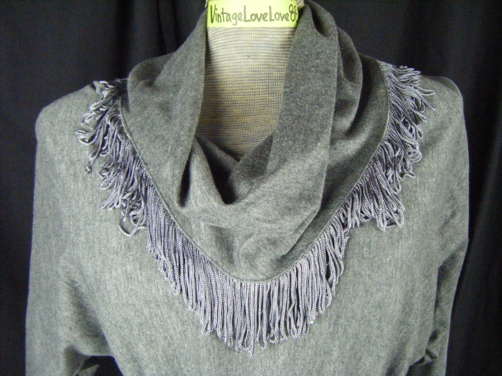 STUART ALAN Vtg 80s Heather Grey Knit Fringes Collar Western Dress-Bust 44/M