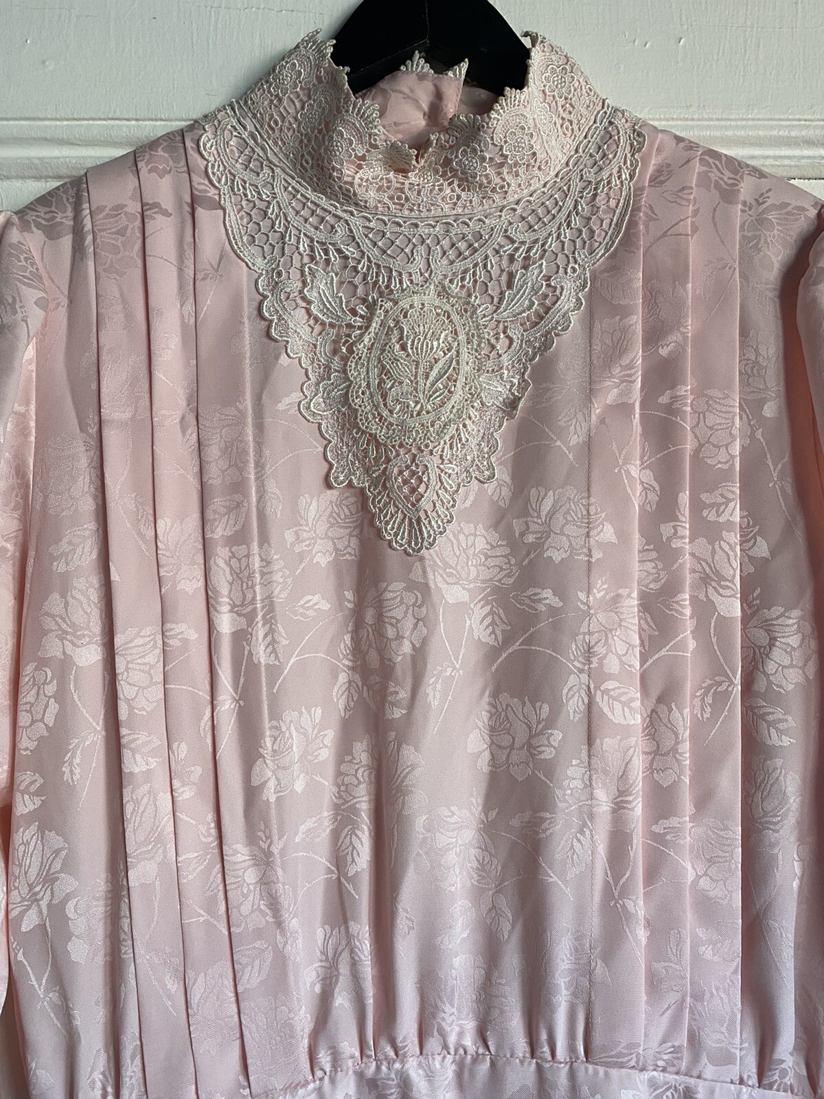 Vintage CC Courtenay Dress Pale Pink Lace Trim Pleats Maxi SZ 16 Wedding Church