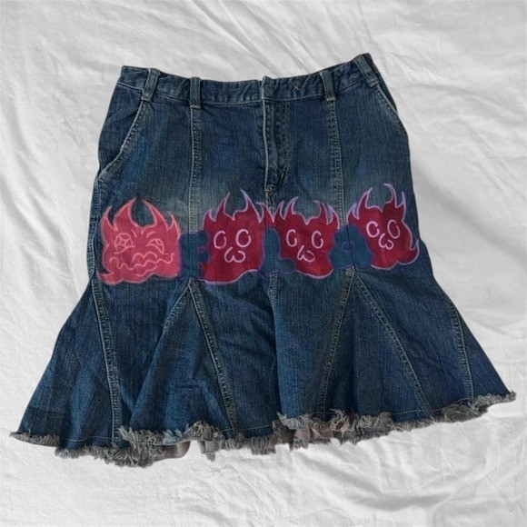 A.M.I 2000s denim skirt with hand painted flames