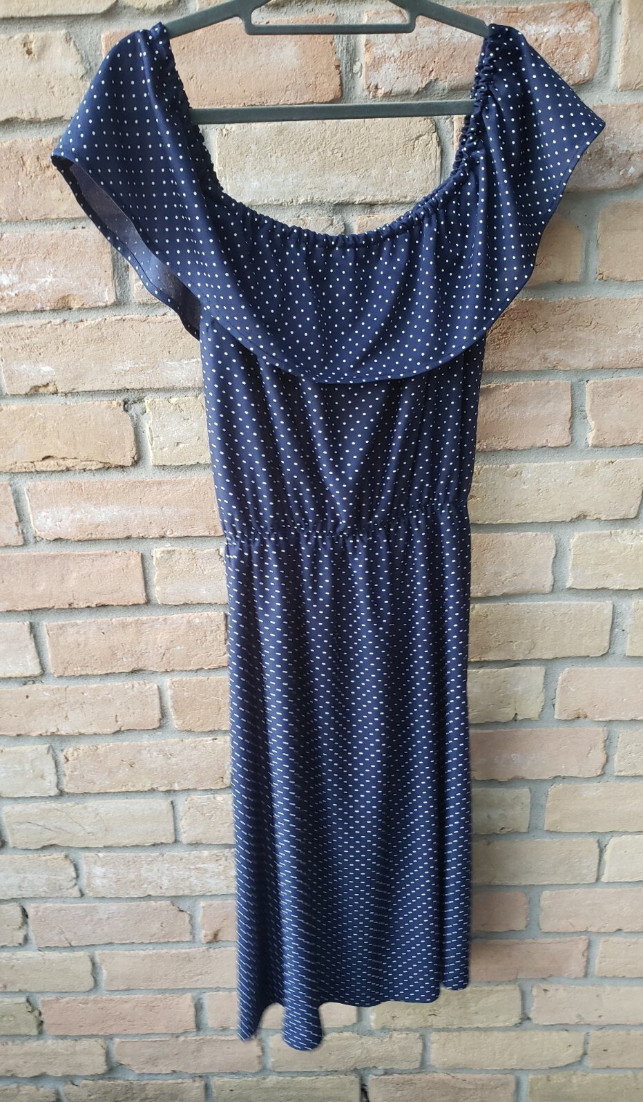 VTG 70s Blue Polka Dot Off Shoulder Ruffle Sundress Sz M? 40&Prime;-46&Prime;B 24&Prime;-44&Prime;W