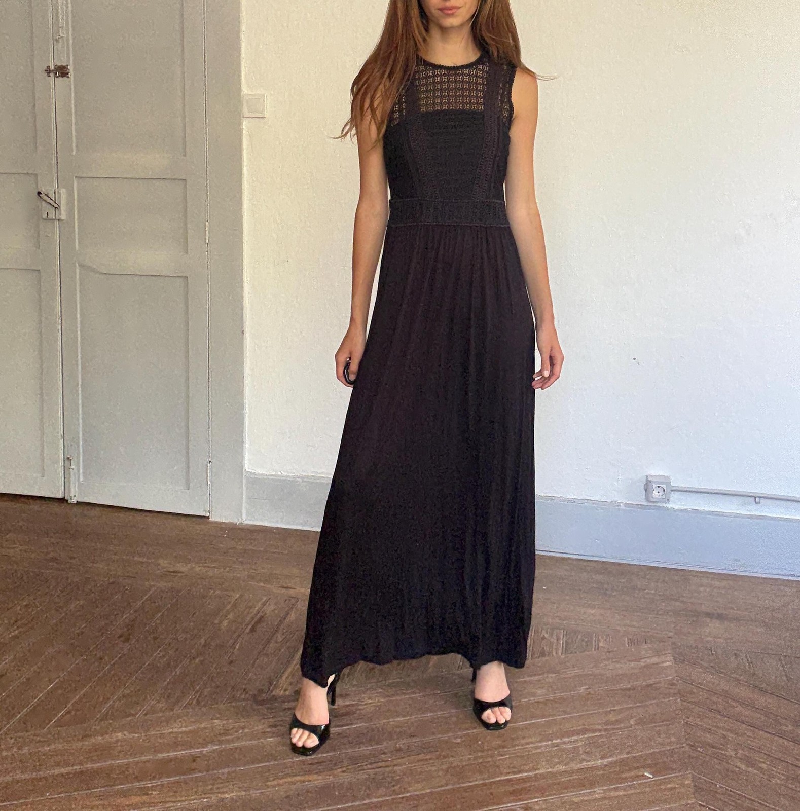Black midi dress with lace crochet bodice, back zip & draped viscose skirt, boho