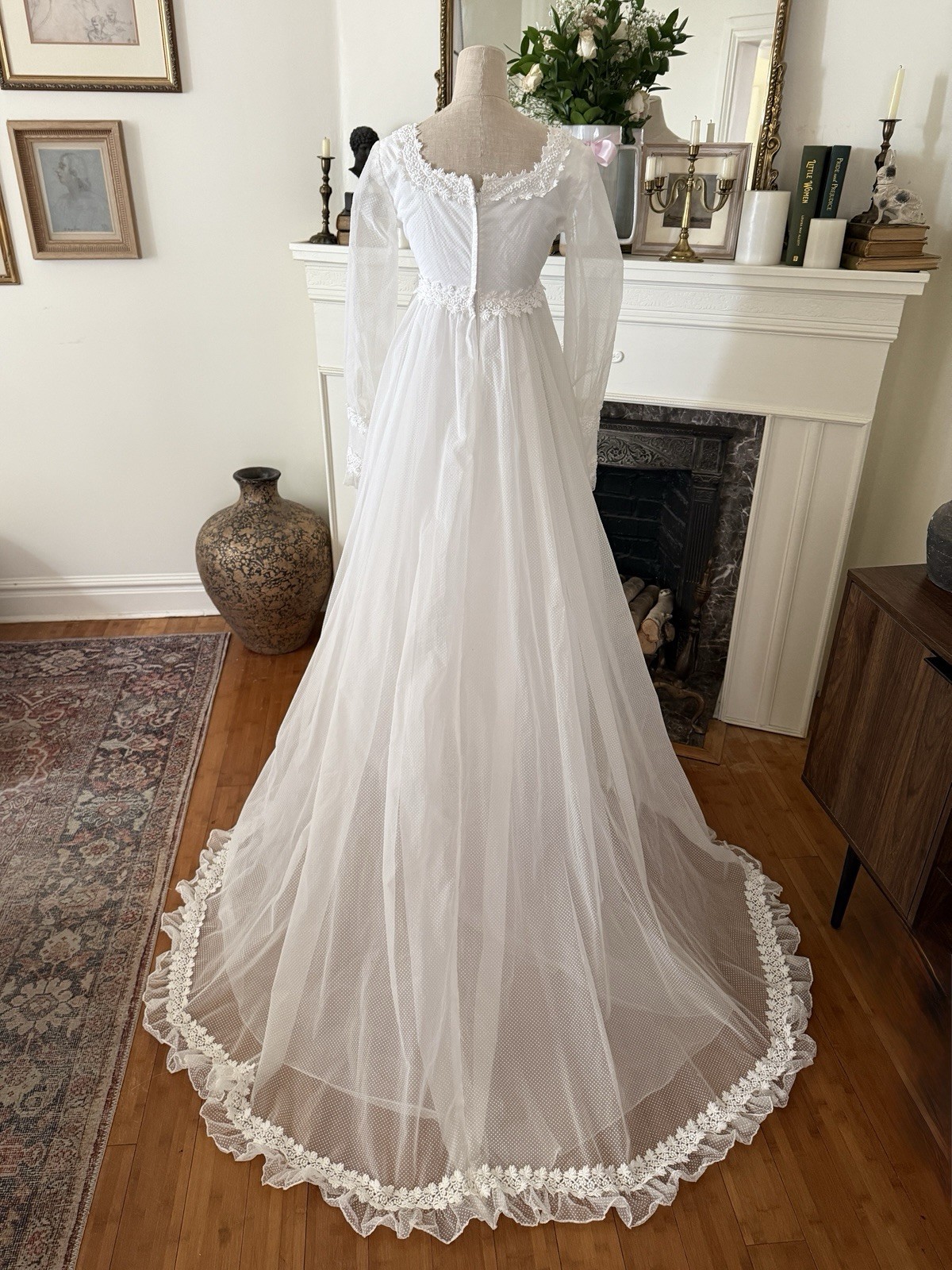 Vintage Handmade Regency 1970s Long Sleeve Wedding Dress Gown with Train