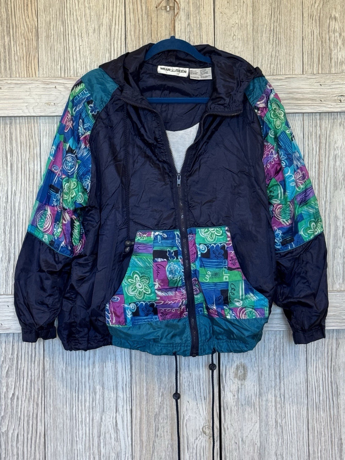 Vtg 80 Wear 2b Seen Nylon Zip-Up Windbreaker Hoodie Jacket Medium Blue Floral