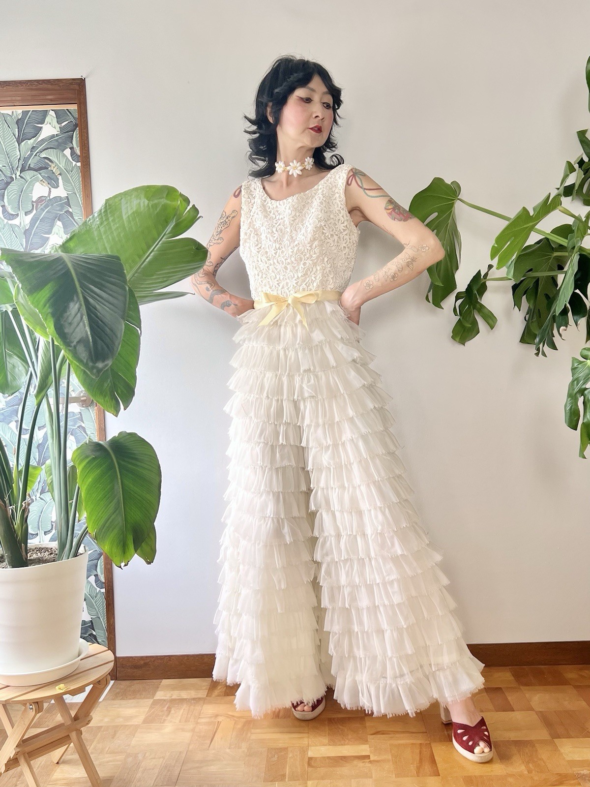 VTG 60s Kadine Lace Palazzo Jumpsuit White Tiered Chiffon Ruffle Mod Bridal S