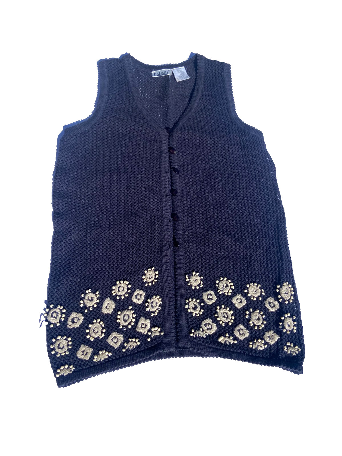 Vintage Womens Crocheted Beaded Sweater Vest Size M Daisies Cottagecore Blue
