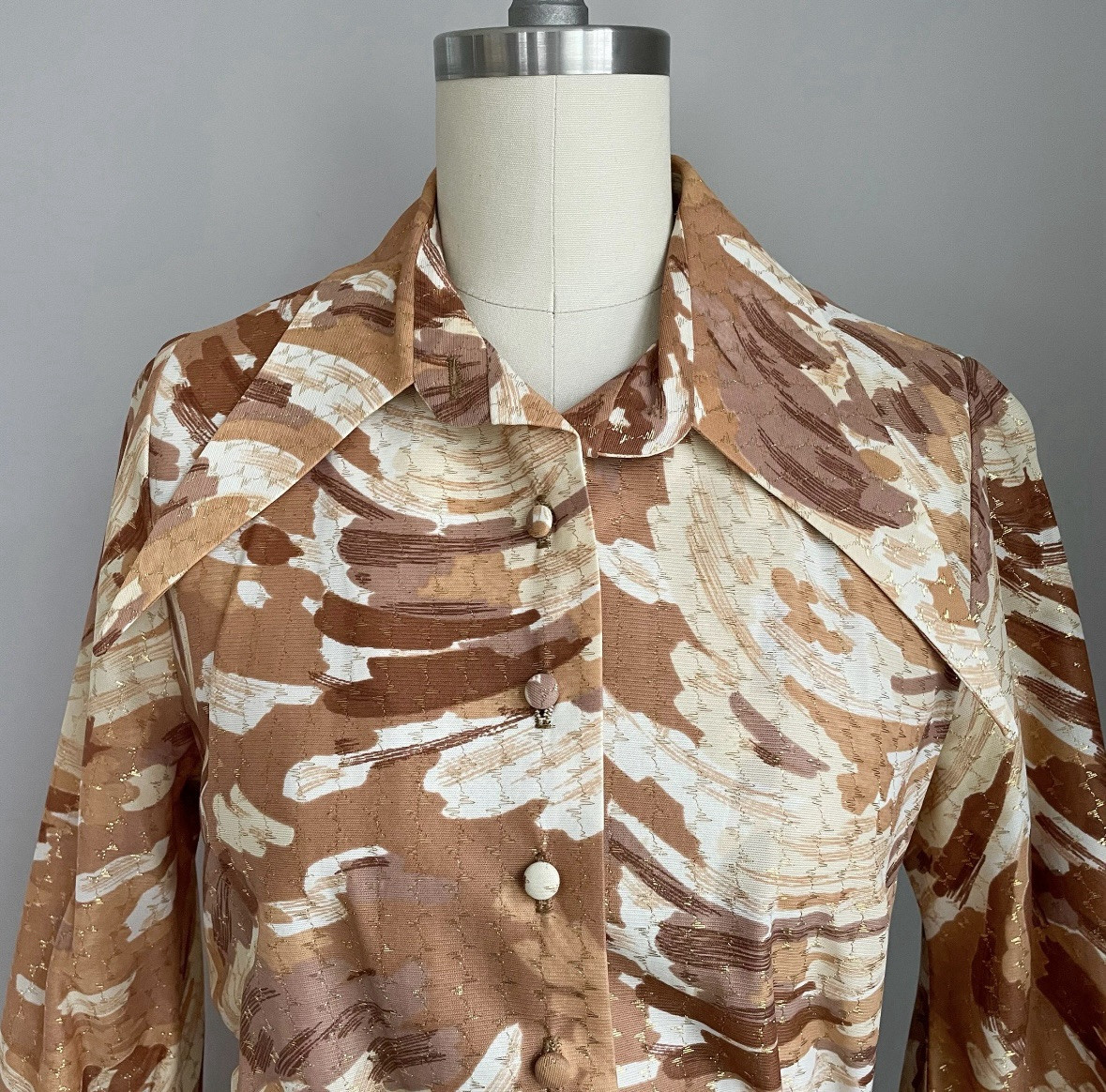 Vintage 70’s Domani Knits Dagger Collar Abstract Copper & Gold Metallic Dress S