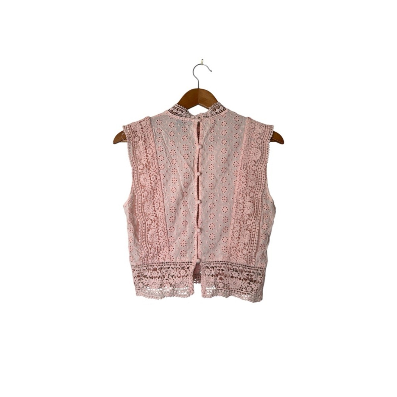 Vintage-Inspired Forever 21 Cotton Embroidered Blouse, Cropped Mock Neck Pink S