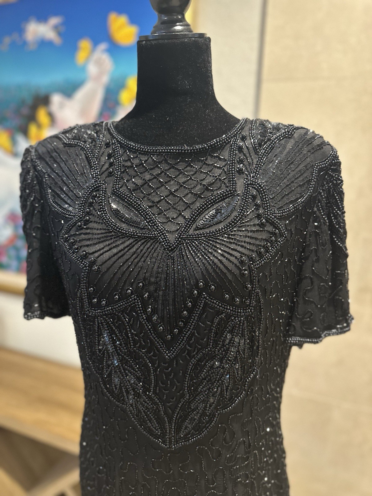 VTG 80s AP Ltd Vintage Black Beaded Sequin Silk Dress US 14 L Knee Length NWT