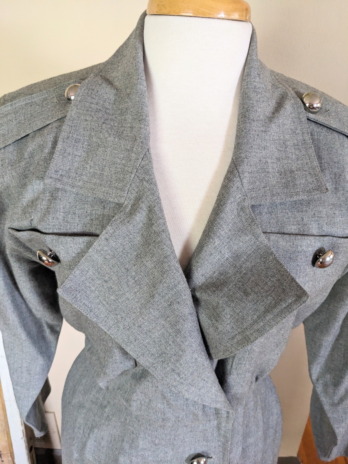 Vintage 80s PSI Couture Gray Marl Coatdress Military Power Dress Midi Epaulets