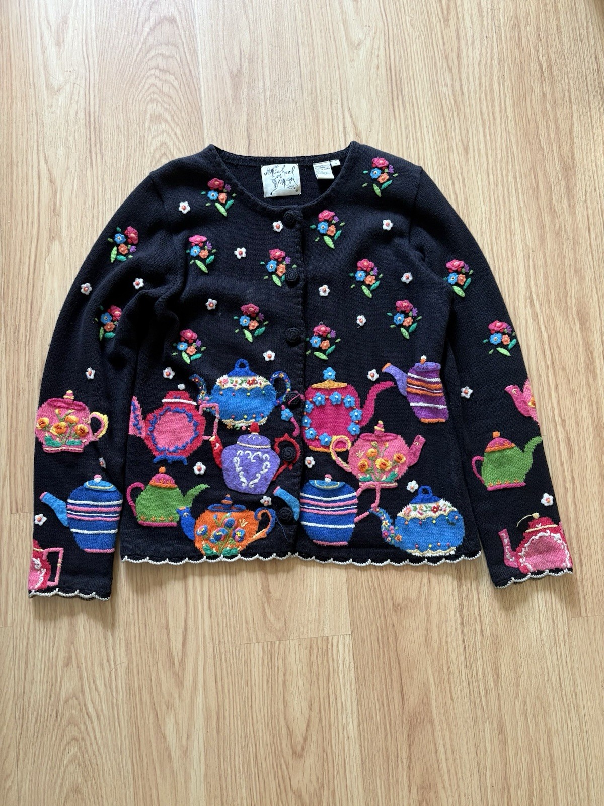 Vintage Michael Simon Tea Party novelty art to wear embroidered cardigan sz M