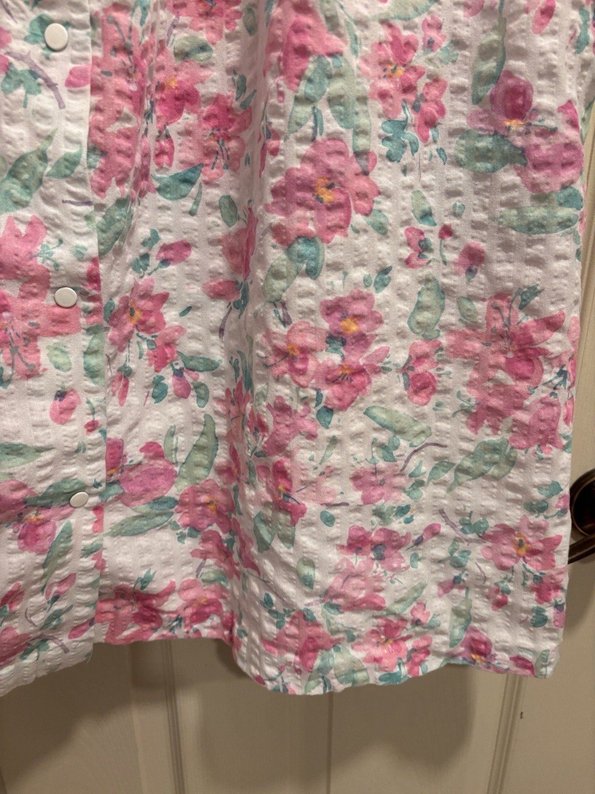 Vintage 90s Miss Elaine Size 1X Nightgown Robe Snaps Pockets Seersucker Lace