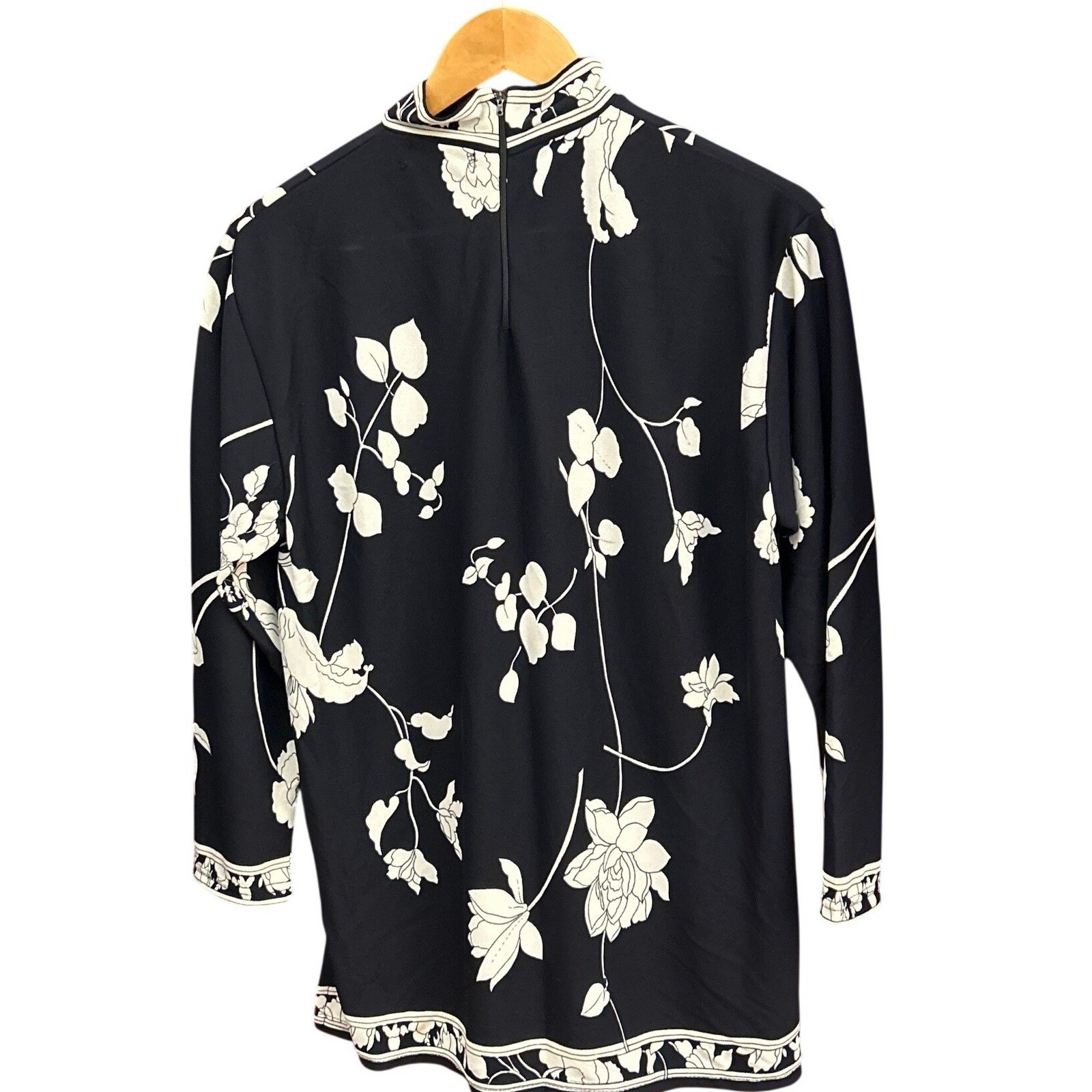 Vintage Casamia Floral Mock Neck Blouse Navy White Mod Botanical Top Retro Mod